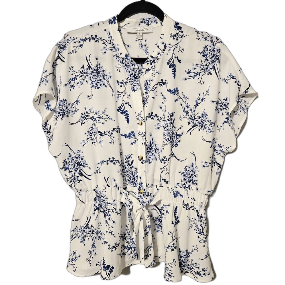 SWEET RAIN Floral Peplum Blouse White Blue Buttoned Cottagecore Size Large
